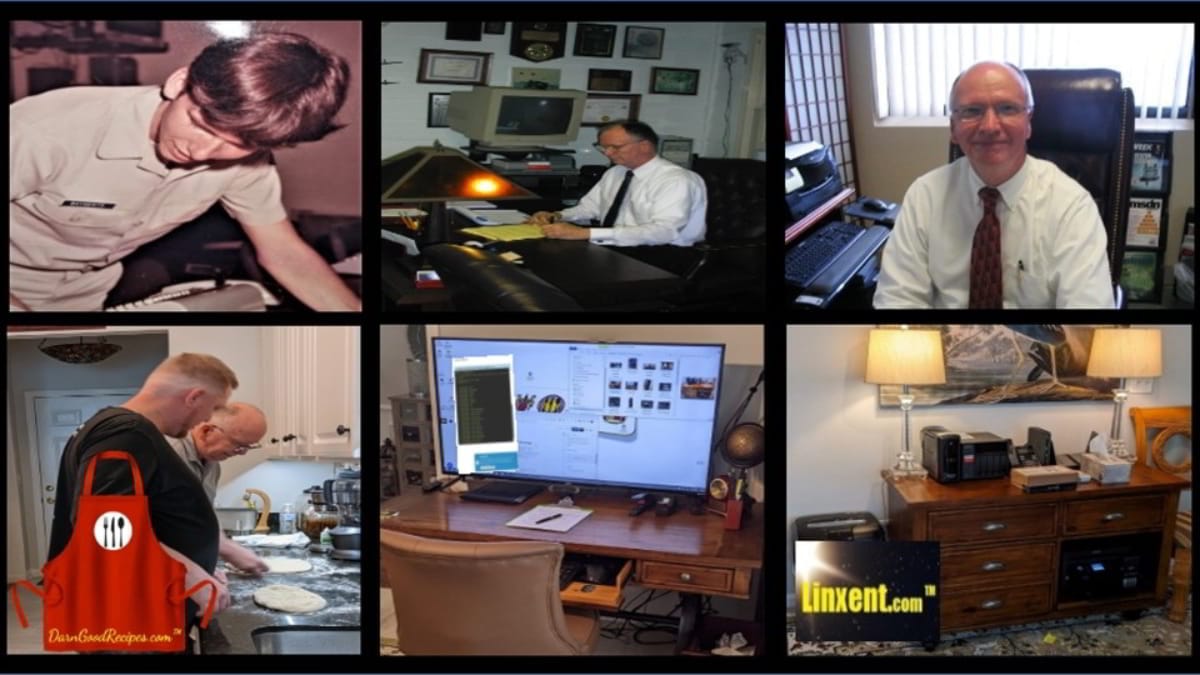 Six-panel grid depicting career milestones—USAF training sergeant, federal systems desk, professional office portrait, kitchen cooking scene with apron logo, workstation setup with multiple monitors, and Linxent.com branding on home office.